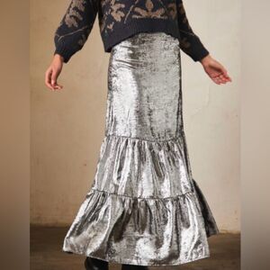 NWT NKN Nekane Metallic Silver Tiered Maxi Skirt - Medium - $140 MSRP